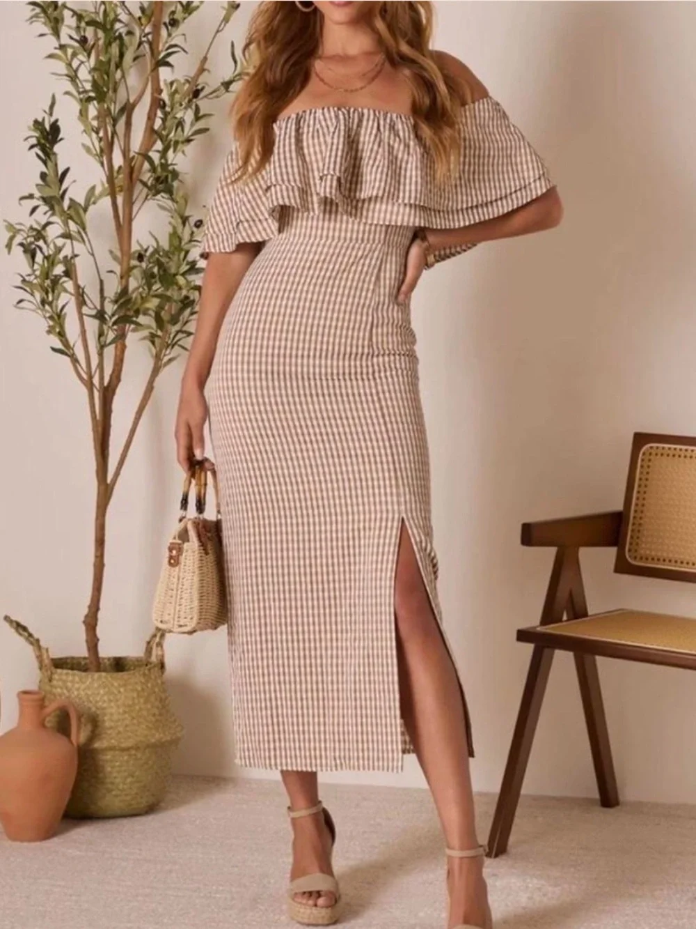 VICI Off-Shoulder Gingham Midi Dress - Picture 1 of 9
